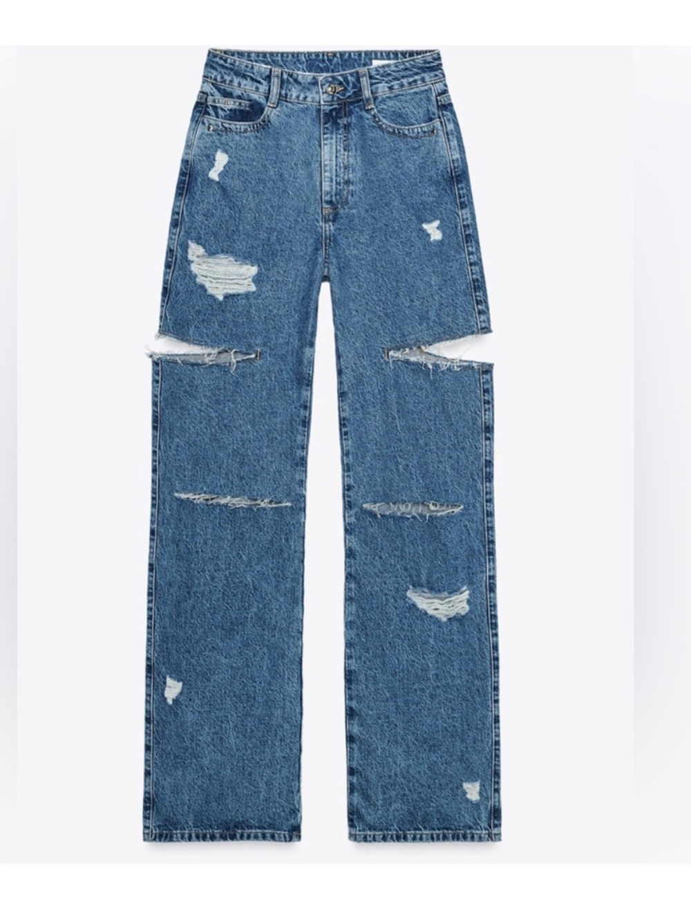 Zara Distressed Straight-Leg Jeans - Blue Denim